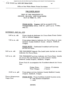 Trip of the President to Oregon, Nevada, and California May 22 thru 23 [Schedule]