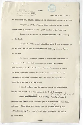 Draft of Speech by President Harry S. Truman Before Congress