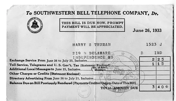 Bill from Southwestern Bell Telephone Company to Harry S. Truman
