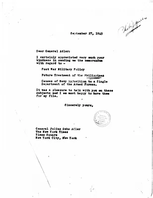 Letter from President Harry S. Truman to General Julius Ochs Adler, with Attachments