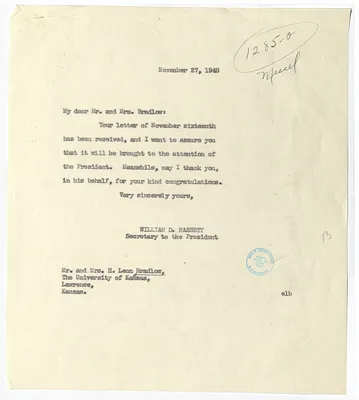Letter from Mr. and Mrs. H. Leon Bradlow to President Harry S. Truman with a Reply from William D. Hassett