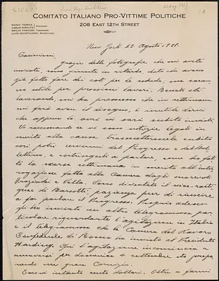 Luigi Quintiliano (Comitato Italiano Pro-vittime Politiche) autograph letter signed, in Italian, to [Sacco-Vanzetti Defense Committee?], New York, N. Y., August 22, 1921