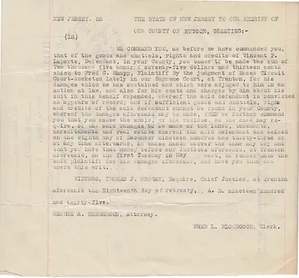 Copies of Court Documents to Sheriff of Hudson, February 18, 1935