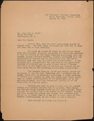 [Thomas O'Connor, Citizens National Committee for Sacco and Vanzetti] typed letter (copy) to Benjamin C. Marsh, Boston, Mass., August 14, 1927