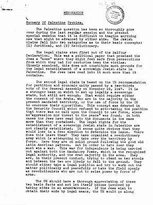 Memorandum from Frank P. Corrigan, "Summary of Palestine Problem"