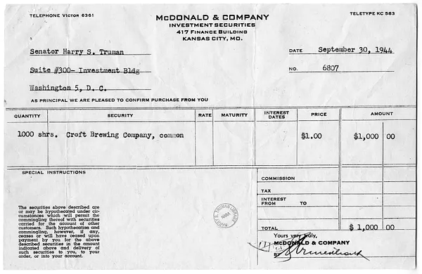 Stock Purchase Receipt, McDonald & Company, to Senator Harry S. Truman