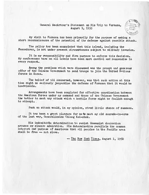 Copy of Article from New York Times, "General MacArthur's Statement on His Trip to Formosa