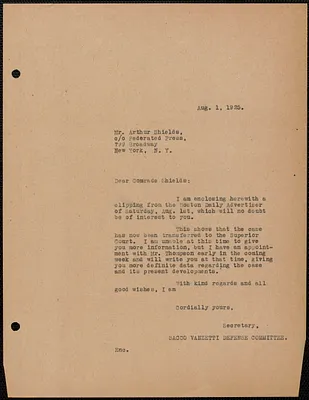 Sacco-Vanzetti Defense Committee typed letter signed to Art Shields (The Federated Press), August 1, 1925