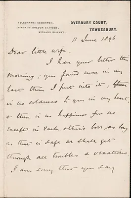 [John Biddulph Martin] autograph note to [Victoria Woodhull Martin], Tewkesbury, [England], June 11, 1896