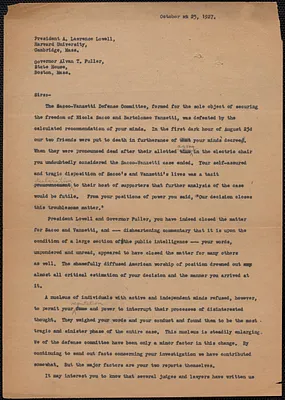 Sacco-Vanzetti Defense Committee typed letter (copy) to A. Lawrence Lowell and Alvan Fuller, Boston, Mass., October 25, 1927