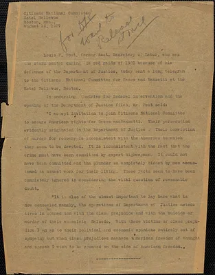 Citizens National Committee for Sacco and Vanzetti press release (copy), Boston, Mass., August 16, 1927