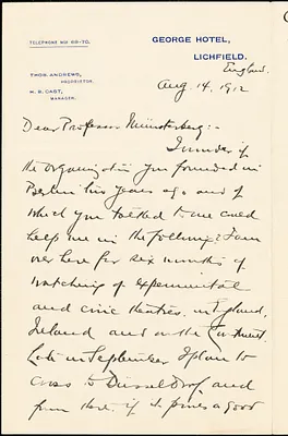 Baker, George Pierce, 1866-1935 autograph letter signed to Hugo Münsterberg, Lichfield, Eng., 14 August 1912