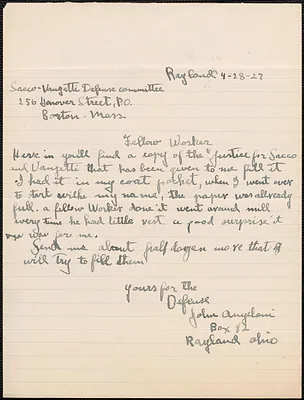 John Angeloni autograph note signed to Sacco-Vanzetti Defense Committee, Rayland, Ohio, April 28, 1927