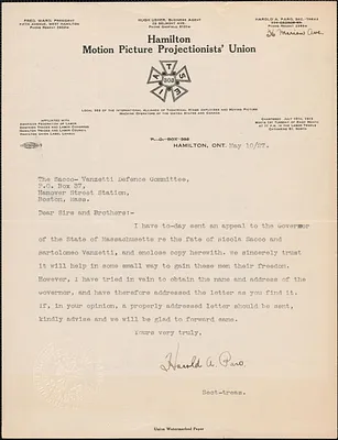 Harold A. Paro (Hamilton Motion Picture Projectionists' Union) typed letter signed to Sacco-Vanzetti Defense Committee, Hamilton, Ont. Canada., May 10, 1927