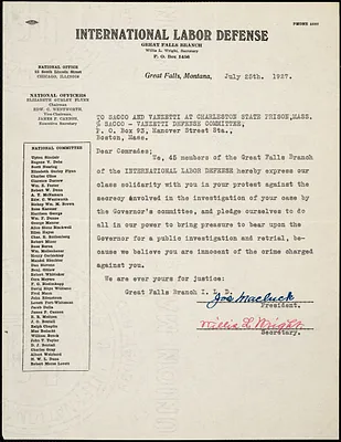 International Labor Defense, Great Falls Branch typed letter signed to [Nicola] Sacco and [Bartolomeo] Vanzetti, Great Fall, Mont., 25 July 1927