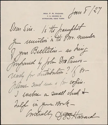 Dora G. Sedgwick Hazard autograph note signed to Sacco-Vanzetti Defense Committee, Syracuse, N.Y., January 8, 1927