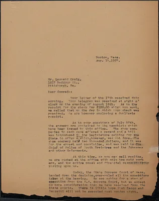 Sacco-Vanzetti Defense Committee typed letter (copy) to Leonard Craig (Sacco-Vanzetti Defense Committee of Western Pennsylvania), Boston, Mass., August 19, 1927