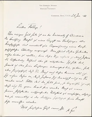 Francke, Kuno, 1855-1930 autograph letter signed to Hugo Münsterberg, Cambridge, Mass., 26 January 1912