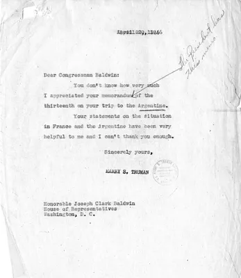 Correspondence Between Congressman Joseph C. Baldwin and President Harry S. Truman
