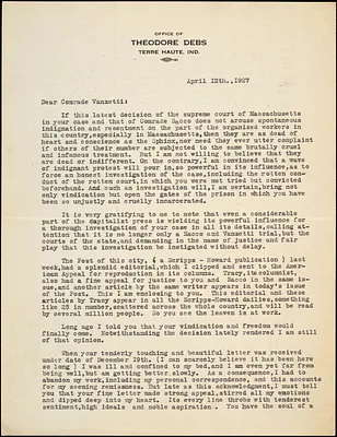 Theodore Debs typed letter signed to Bartolomeo Vanzetti, Terre Haute, Ind., 12 April 1927