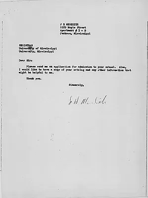 Letter from James Meredith to the Registrar at the University of Mississippi, undated