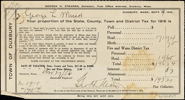 Property tax receipts, George L. Winsor, 1892-1916