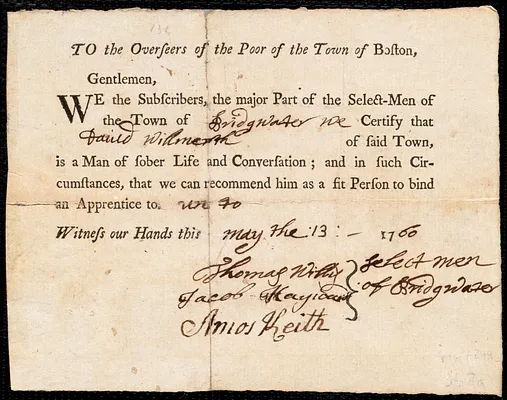 Sarah Hoar indentured to apprentice with David Willmarth [Willmerth] of Bridgewater, 17 May 1760