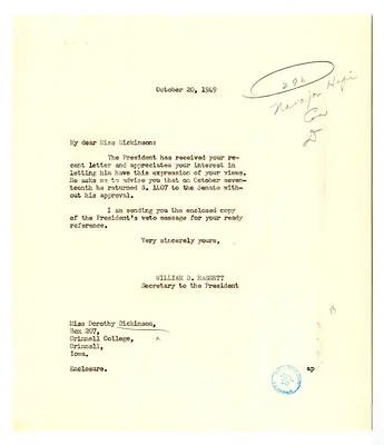 Letter from Dorothy Dickinson to President Harry S. Truman with a Reply from William D. Hassett