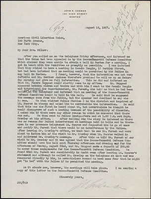 John S. Codman typed letter (copy) to American Civil Liberties Union, Boston, Mass., August 15, 1927