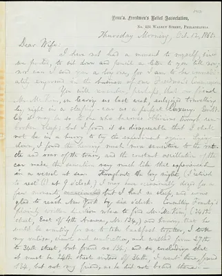 Letter from William Lloyd Garrison, Penn'a Freedmen's Relief Association, No. 424 Walnut Street, Philadelphia, to Helen Eliza Garrison, Thursday Morning, Oct. 12, 1865