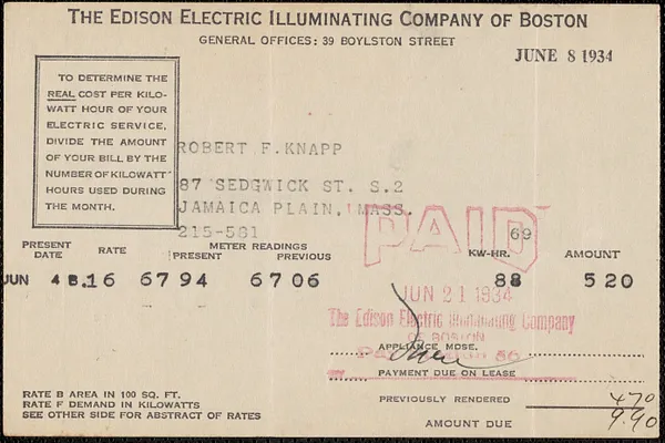 Invoice rom The Edison Electric Illuminating Company of Boston for Robert F. Knapp, June 8, 1934