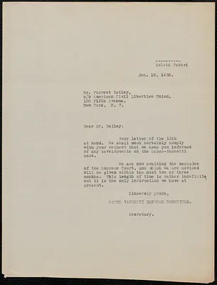 Amleto Fabbri (Sacco-Vanzetti Defense Committee) typed letter (copy) to Forest Bailey (American Civil Liberties Union), Boston, Mass., January 18, 1926