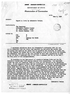 Memorandum of Conversation with Secretary of State Dean Acheson, Ambassador Chester Bowles, Edwin Martin, and Donald Kennedy