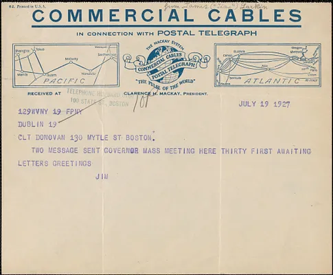 James Larkin telegram to Mary Donovan, Dublin, Ireland, July 19, 1927