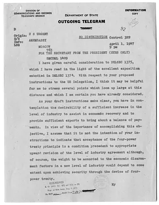 Telegram from Acting Secretary of State Dean Acheson to Secretary of State George C. Marshall