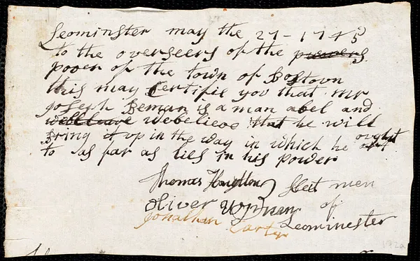 John Row indentured to apprentice with Joseph Beman of Leominster, 20 April 1749