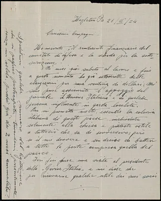 Virgilio Fragiacomo autograph letter signed, in Italian, to Sacco-Vanzetti Defense Committee, Hazleton, Pa., March 21, 1924