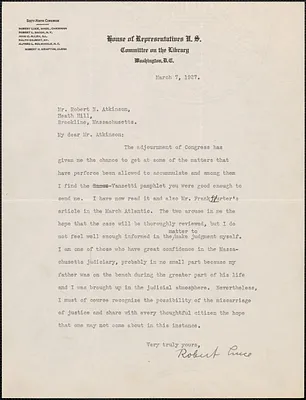 Robert Luce (House of Representatives) typed letter to Robert N. Atkinson, Washington, D. C., March 7, 1927