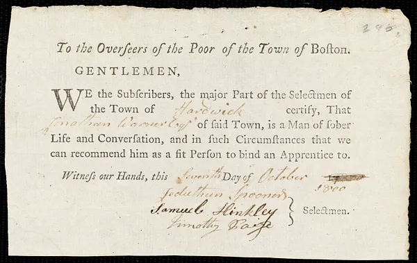 George Monk indentured to apprentice with Jonathan Warner of Hardwick, 26 September 1800