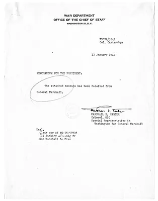 Memorandum from Colonel Marshall Carter to President Harry S. Truman, with Attachment
