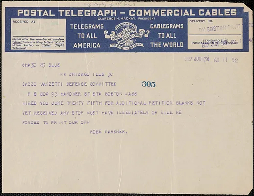 Rose Karsner (International Labor Defense) telegram to Sacco-Vanzetti Defense Committee, Chicago, Ill., June 30, 1927