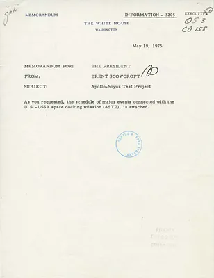 Memorandum from Brent Scowcroft to President Gerald Ford Regarding the Schedule of Major Events for the Apollo-Soyuz Test Project