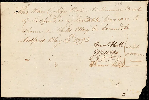 Ann Molton indentured to apprentice with Samuel Buel of Medford, 24 May 1793