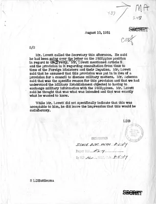Memorandum of Telephone Conversation with Secretary of State Dean Acheson and Deputy Secretary of Defense Robert Lovett
