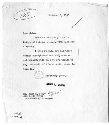 Correspondence Between John M. Lloyd and President Harry S. Truman, with Attached Newspaper Clipping
