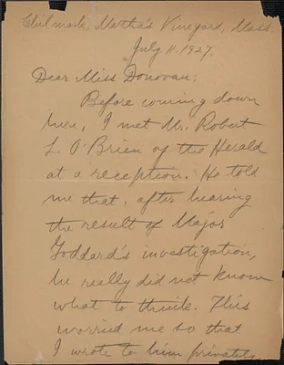 Alice Stone Blackwell autograph letter signed to Mary Donovan, Chillmark, Mass., July 11, 1927
