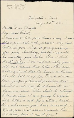 Kate M. Dial autographed letter signed to Bartolomeo Vanzetti, Kingston, Wash., 25 August 1923