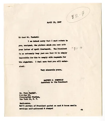 Letter from Hans Faxdahl to President Harry S. Truman with a Reply from Matthew Connelly