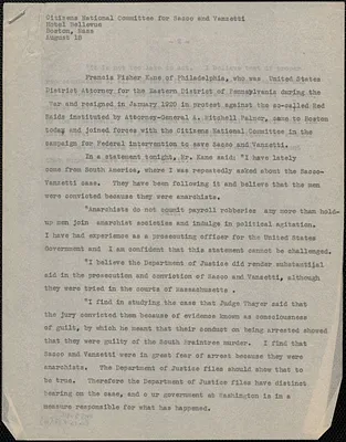 Citizens National Committee for Sacco and Vanzetti press release (copy), Boston, Mass., August 18, [1927]