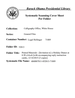 Printed Materials - [Invitation to] a Holiday Dinner at 6:30 o'clock [with accompanying reply instruction cards], 12/14/2015